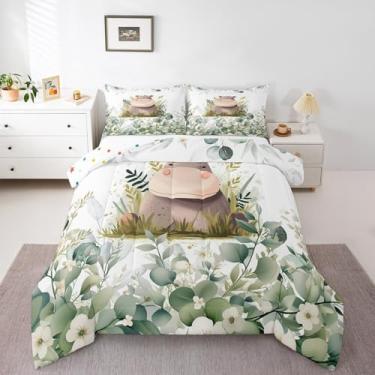 Imagem de Erosebridal Jogo de cama casal de hipopótamo fofo para crianças, eucalipto verde, animal da floresta, folhas botânicas, plantas, folhas, desenho animado, vida selvagem, edredom acolchoado