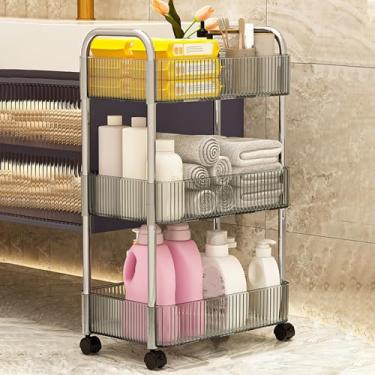 Imagem de Carrinho de armazenamento de acrílico cinza - Carrinho de rodinhas de 3 níveis com rodas e alça bloqueáveis para cozinha e banheiro - Organizador utilitário transparente sobre rodas