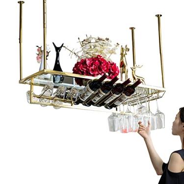 Imagem de (pt: 78.7 cm 99.1 cm Rack de vinho pendurado, decoração de teto, suporte de copo de vinho, altura ajustável, prateleira de vinho com suporte de vidro, organizador flutuante de rack de vinho para bar