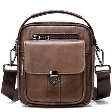 Imagem de Bolsa masculina pequena, mini bolsa de couro genuíno e bolsa de ombro para homens com muitos bolsos com zíper, Marrom, Small