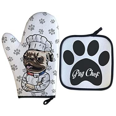 Imagem de kit Luva Térmica Pug Chef Cozinha Criativa Geek cor:Branco