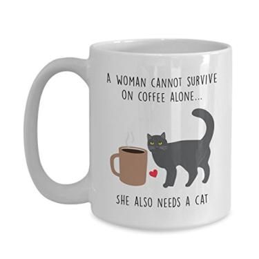 Imagem de Caneca A Woman Cannot Survive On Coffee Alone – Presente para amantes de gatos – Caneca divertida de cacau quente – ideia de de Natal