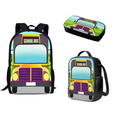 Imagem de ZWPINITUP Mochila de 3 peças para crianças, meninas, meninos, com estampa de ônibus escolar, casual, criativa, casual, mochila escolar, mochila escolar com lancheira e estojo de lápis