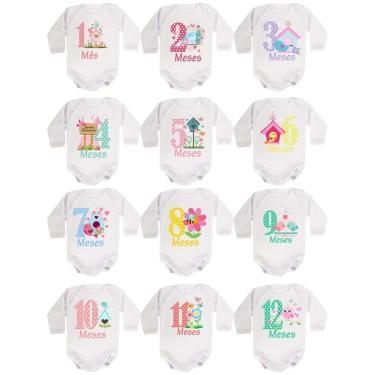 Imagem de Body Mesversario Manga Longa Jardim Encantado Kit 12 bodies de Bebê-Feminino