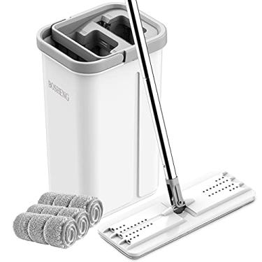 Imagem de BOSHENG Flat Floor Mop and Bucket, Hands Free Mop and Bucket with Wringer Set, 3 Washable Microfiber Pads Included, Wet and Dry Use, Home Floor Cleaning System for All Floor Types and Windows