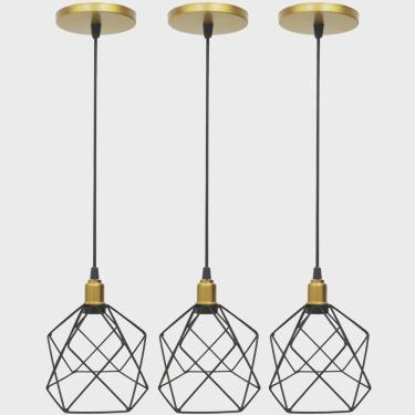 Imagem de 3 Pendentes Aramado Cálice Preto Luminária Lustre Industrial Teto Vintage Dourado Agp Ilumini