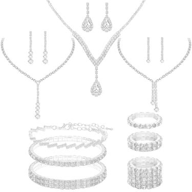 Imagem de NEWITIN Conjunto de 15 peças de joias de prata para mulheres, bijuterias, bijuterias, colares de cristal de strass, pulseiras de tênis, brincos, conjunto de joias de casamento para noivas e madrinhas