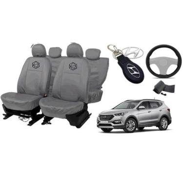 Imagem de Kit capa couro luxo Santa Fe + volante + chaveiro cinza - ferro tech b