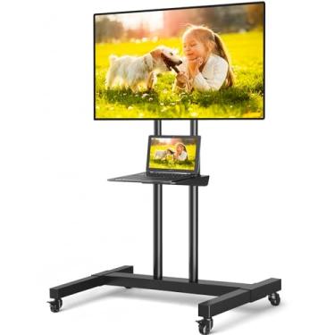 Imagem de TVON Suporte de TV com rodinhas para TVs de tela plana/curva de 81.3-210.8 cm até 50 kg, suporte de TV portátil com altura ajustável sobre rodas com prateleira de laptop de metal, suportes de TV para