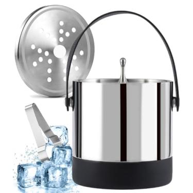 Imagem de Balde de gelo isolado de aço inoxidável de parede dupla com tampa e pinça de gelo incluídos, mantém o gelo frio e seco, bar doméstico, cerveja gelada, champanhe, garrafa de vinho (bolsa de couro de