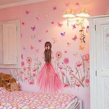 Imagem de ZARROUEA Decalques de parede de princesa fada, vestido de menina rosa e borboleta roxa adesivos de parede florais, arte de vinil removível para quarto de bebê de meninas