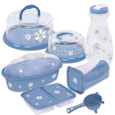 Imagem de Kit 7 PC - Boleira Rosca + Queijeira Rosca + Porta Pães Oval + Porta Torradas + Porta Frios c/ 2 Divisórias + Garrafa Água/Suco 1,8L + Peneira Funil - Azul Decorado Xadrez Floral Plasútil