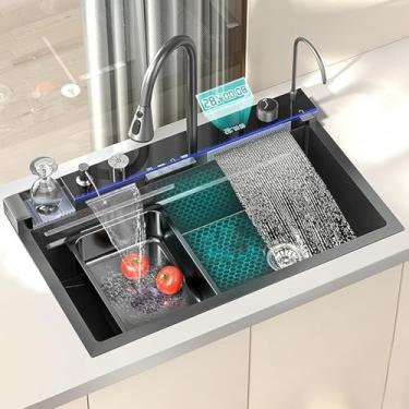 Imagem de Pia De Cozinha Em Cascata De Aço Inoxidável Com Torneira De Chuveiro Removível E Pia De Cozinha Grande Com Sifão E Muitos Acessórios, 80 * 46 * 22cm