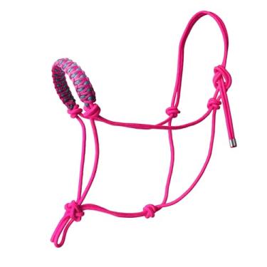 Imagem de horzmetnex Cabides de corda para cavalos, suporte de treinamento de corda de cavalo, múltiplo, lindo trançado à mão, cabresto de corda de cabeça de cavalo (rosa neon, pequeno)