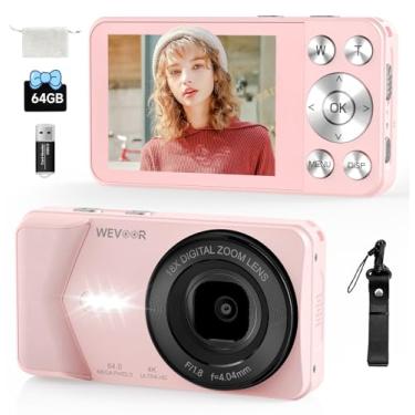 Imagem de Câmera digital 4K, câmera digital de 64 MP com foco automático, zoom de 18x, 20 filtros, cartão SD de 64 GB, bateria de 2000 mAh, câmera vlogging pequena compacta com tela de 2,8 polegadas para