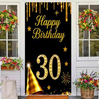Imagem de BlissYard Capa de porta de aniversário de 30 anos 178 x 89 cm faixa dourada preta com glitter feliz aniversário para mulheres chapéus de festa brilhantes fogos de artifício estrelas trigésimo marco