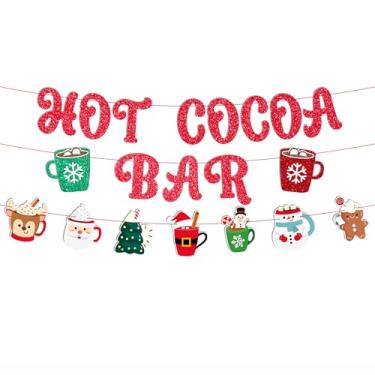 Imagem de Faixa de barra de cacau quente de Natal, letras vermelhas com glitter com decorações de bebida de férias, guirlanda de festa de inverno com Papai Noel, boneco de neve, personagens de gengibre para