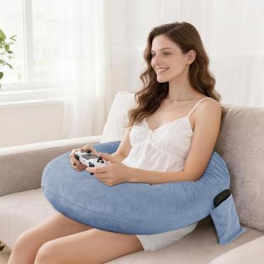 Imagem de DWCN Travesseiro de leitura para jogos, suporte de colo com bolso lateral e alça traseira para cama, sofá, chão - travesseiro de descanso de braço para jogar, trabalhar, sentar, fazer crochê (azul)