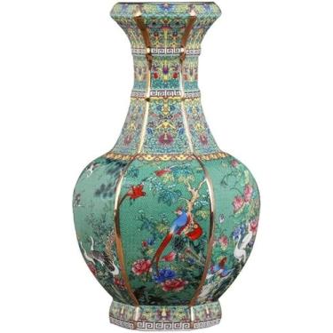 Imagem de AKALNNB Requintado vaso de flores verdes de cerâmica, vasos de flores decorativos de porcelana de tradição chinesa, vasos de flores, decoração para sala de estar, quarto, prateleira, estante de livros
