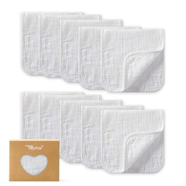 Imagem de TILLYOU Panos para arrotar musselina bebê menino menina 50,8 cm x 25,4 cm, 6 camadas absorventes 100% algodão panos grandes macios, pacote com 10 (branco)