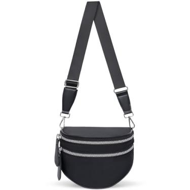 Imagem de Toptime Bolsas transversais de nylon para mulheres, bolsa preta com alça ajustável larga, bolsa de ombro crescente moderna com dois compartimentos com zíper, pochete de grande capacidade para viagens