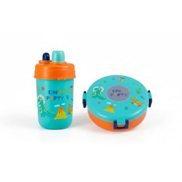Imagem de Kit Marmita Infantil Dinossauros - Lancheira Grande Talheres e Garrafa 600ml Resistente Com Travas de Segurança Sanduicheira com Compartimentos