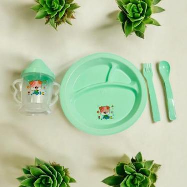 Imagem de Kit Refeição Infantil C/ 4 peças Prato divisórias talheres garfo colhe