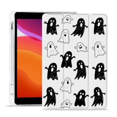 Imagem de MAYCARI Capa de Halloween para iPad de 10,2 polegadas 2021/2020/2019 com suporte para lápis, capa protetora traseira de TPU macio original preto e branco fantasmas iPad 9ª/8ª/7ª geração, capa