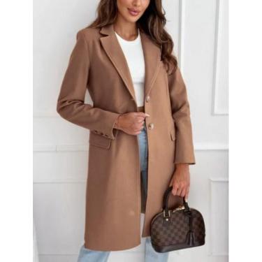 Imagem de Casaco Feminino Médio Longo Tweed - Detalhe de Botão, Cor Sólida, Outo