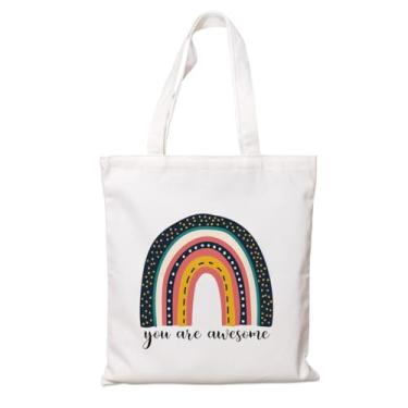 Imagem de Sacola de lona arco-íris - You are Awesome, bolsas de lona estéticas para uso diário, sacola de compras de algodão reutilizável, bolsa de acampamento de viagem, presente inspirador para mãe