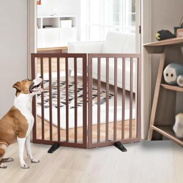 Imagem de SFJC Portão interno para cães, cerca independente para casa, portas, corredores ou escadas, portão para animais de estimação dobrável de madeira, expansível 81 cm de altura, 2 painéis, marrom