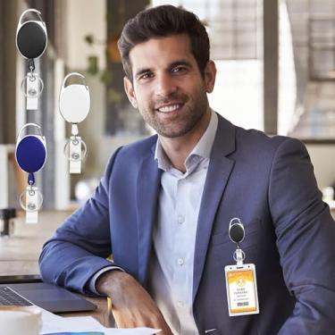 Imagem de Pacote com 3 carretel retrátil para crachá com fecho e clipe, chaveiro retrátil para porta-cartões de identificação (preto + branco + azul)