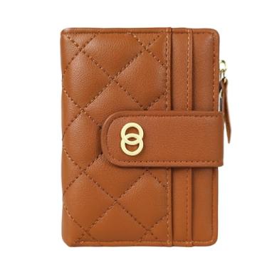 Imagem de Carteira pequena feminina fina dobrável para cartão de crédito, porta-moedas, bolso com zíper e janela para identidade, Marrom, Slim