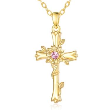 Imagem de SilvecFantasy Colar de girassol com cruz para mulheres: pingente de pedra do mês de nascimento em ouro 14K, presentes de aniversário e aniversário para ela, esposa, mãe, avó, filha, 1.26", Base