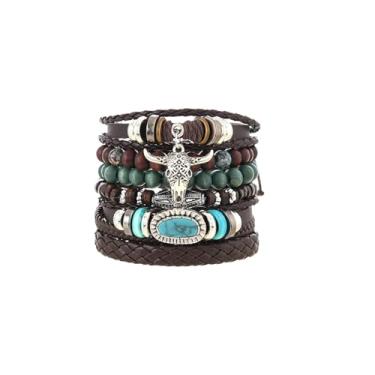 Imagem de QCWN Pulseira feminina turquesa ocidental ajustável boho feita à mão pulseira de couro com pingente de cabeça de vaca pulseira elástica joia country para mulheres cowboy chique, Large, Liga de aço