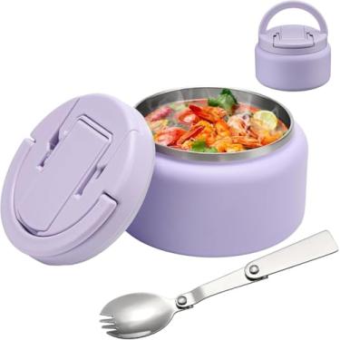 Imagem de BABHAMNESS Garrafa térmica de sopa de 382 g para comida quente infantil isolada a vácuo com tampa de fivela, recipiente de almoço de aço inoxidável à prova de vazamento de boca larga com colher - roxo