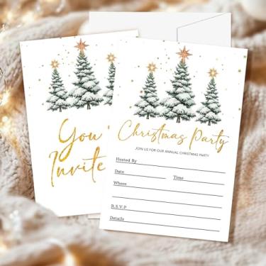 Imagem de CWIOQPYI Convites de festa de Natal, conjunto de 25 cartões de convite de árvore de Natal com envelopes para decorações de férias de inverno, convites dourados para suprimentos de festa - A08