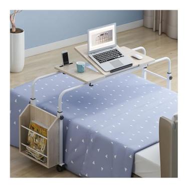 Imagem de Mesa para cama com rodas, mesa de computador móvel sobre a cama com altura e largura ajustável, inclinação, suporte e prateleira de armazenamento lateral, mesa sobre cama, para casa, quarto