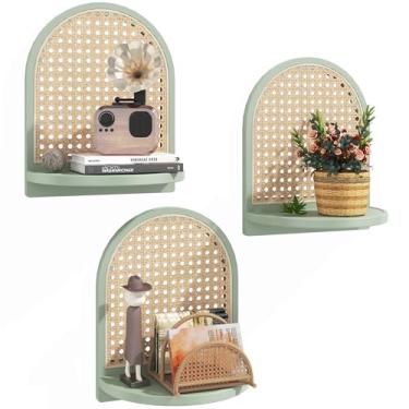 Imagem de Conjunto de 3 prateleiras de parede de vime, prateleiras verdes de vime de 18 cm com decoração de vime, pequenas prateleiras flutuantes para parede, prateleira arqueada para exibição de estatuetas de