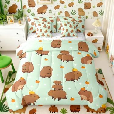 Imagem de Erosebridal Conjunto de edredom fofo de capivara, 7 peças, solteiro, animais roedores kawaii, para amantes de capivara, lençol com edredom, verde claro e presente para meninas