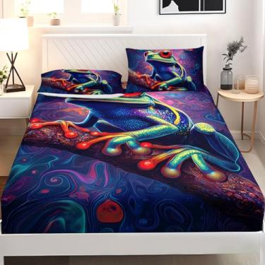 Imagem de AILONEN Jogo de lençol casal com desenho animado de sapo, anfíbios tropicais, estilo boêmio, 1 bolso profundo + 2 fronhas, macio e respirável