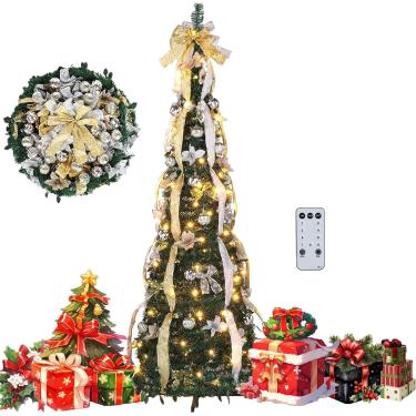 Imagem de Árvore De Natal Pop Up De 6/7ft 1 Minuto Com Luz, Árvore De Natal Dobrável, Arbol De Navidad Plegable, Totalmente Decorada Pré-iluminada Árvore De Natal Dobrável Pop Up, Silver, 7ft