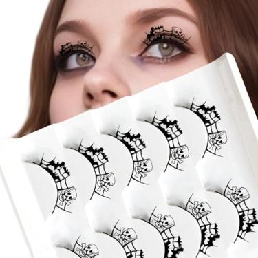 Imagem de 5 pares de cílios postiços de Halloween, formato de teia de aranha com design de caveira e morcego, cílios góticos para fantasia de Halloween, baile de máscaras, festa elegante, reutilizável, cílios