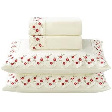 Imagem de Jogo De Lençol Ricca Queen 4 Peças Micropercal 300 Fios Bordado Floral - Margarida Vermelho - 100% Poliéster