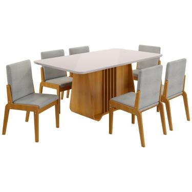 Imagem de Kit Mesa De Jantar Harpa Com 6 Cadeiras Sinfonia Em Linho Naturale-off White-cinza