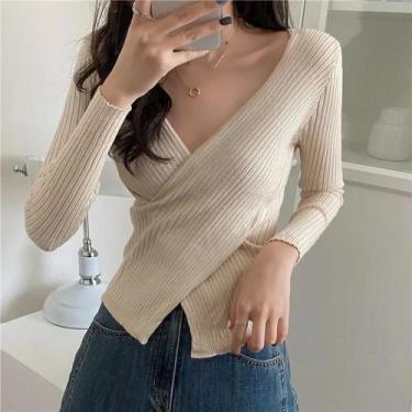 Imagem de Blusas De Tricô Femininas De Manga Longa Com Decote Em V, Casuais Para