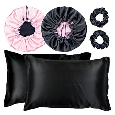 Imagem de Kit 2 Fronha De Cetim Seda + 2 Toucas + 2 Xuxinhas (Preto/Rosa)