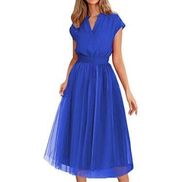 Imagem de UIFLQXX Vestido de coquetel feminino cor sólida tule vestido de formatura corpete cintura formal vestido de noite vestido maxi, Azul, P