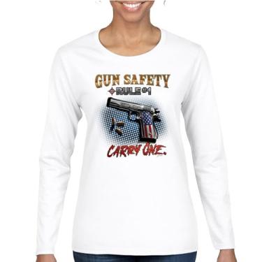 Imagem de Camiseta feminina de manga longa Gun Safety Rule Carry One 2nd Amendment 2A Rights American Flag Don't Tread on Me Veteran Second, Branco, M