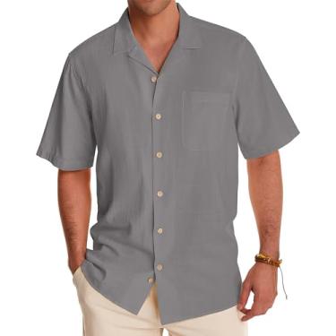 Imagem de Alimens & Gentle Camisas masculinas de linho camisas de manga curta com botões casuais verão praia tops algodão camisas havaianas, Cinza frio, G